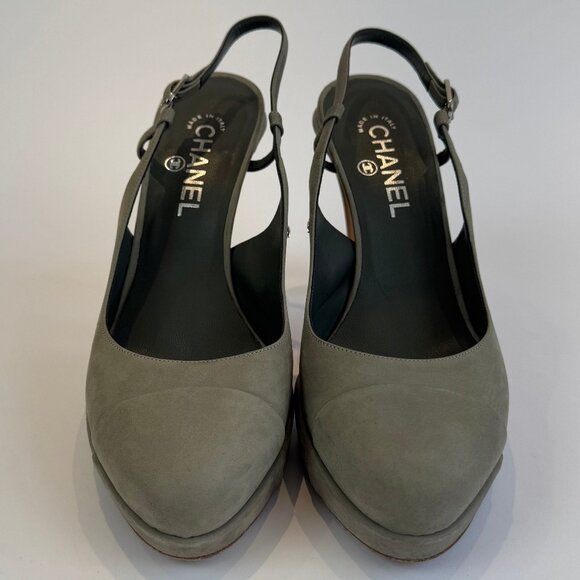 Chanel Green Suede Slingback Pumps, Size 40 1/2 EU - Picture 2 of 15